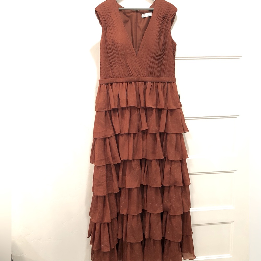 Mac Duggal size 14 Nutmeg Sparkly Ruffle Layered Gown - Picture 3 of 10